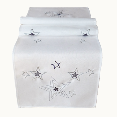Tischläufer 40 x 140 cm weiß-silber-grau Stickerei "Sterne" (3600)