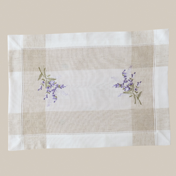 Deckchen 35 x 50 cm Leinenoptik ecru/beige-bunt Stickerei "Lavendel" (9502)   