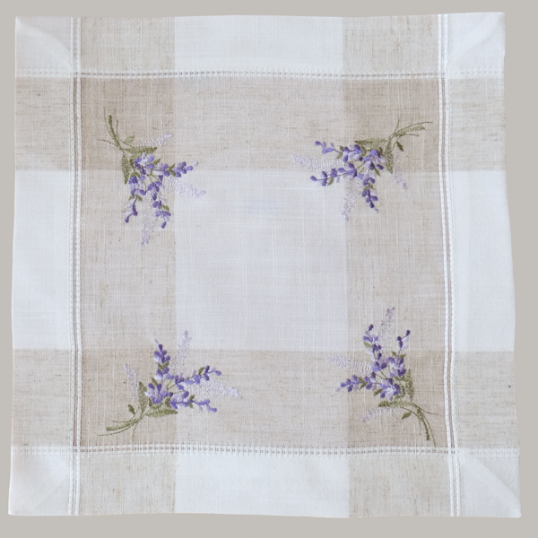 Deckchen 35 x 35 cm Leinenoptik ecru/beige-bunt Stickerei "Lavendel" (9502)  