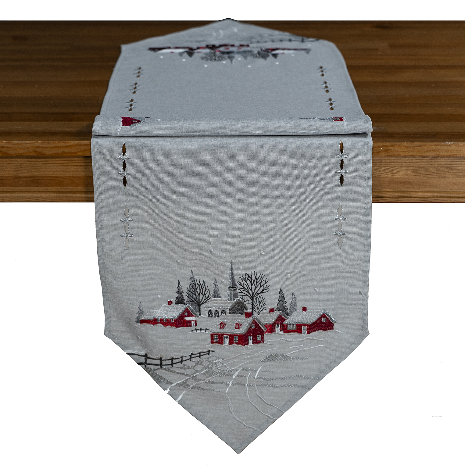 Tischläufer / Tischband 40 x 140 cm, Stickerei "Dorf mit Kirche" rot-grau (910) 
