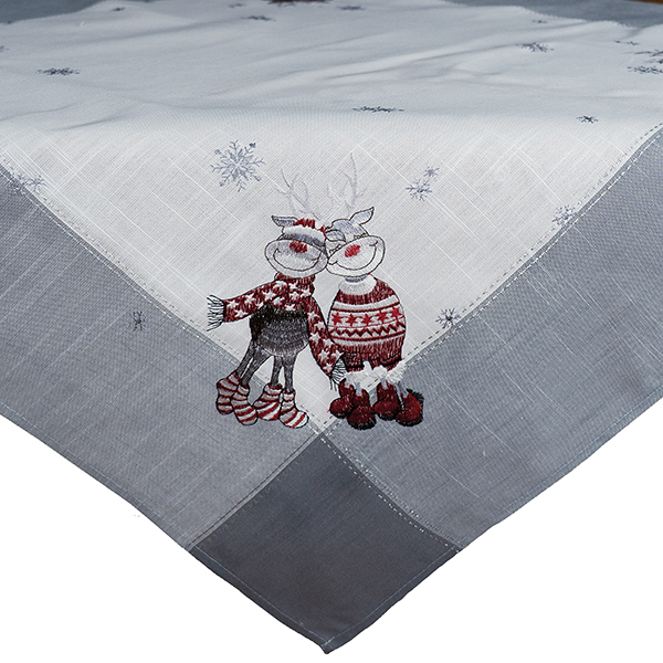 Mitteldecke 85 x 85 cm, grau-silber/bunt, Stickerei "lustiger Elch"  (6173)